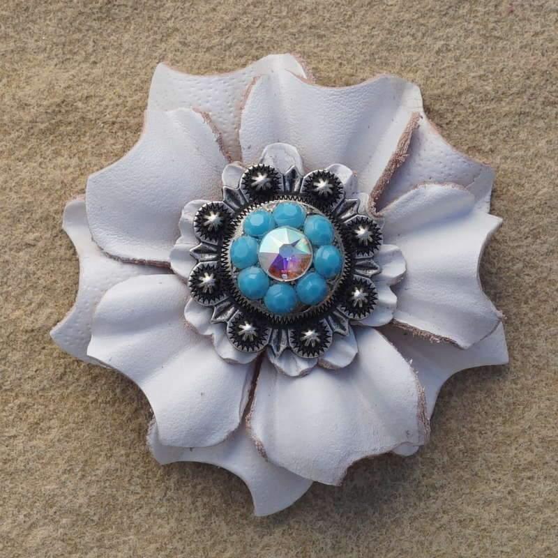 White Carnation Flower With Antique Silver Turquoise & AB 1" Concho