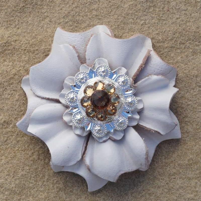 White Carnation Flower With Bright Silver Topaz & Champagne 1" Concho