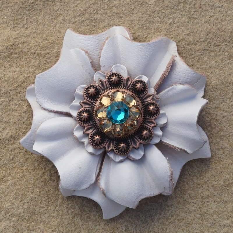 White Carnation Flower With Copper Teal & Champagne 1" Concho