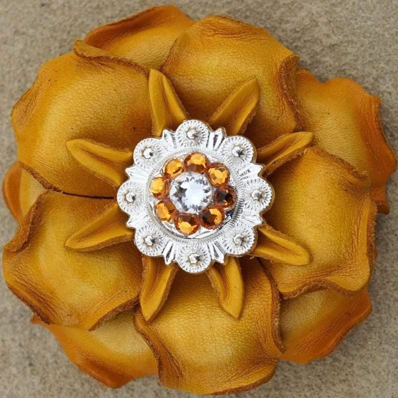 Yellow Gardenia Flower With Bright Silver Golden & Clear 1" Concho