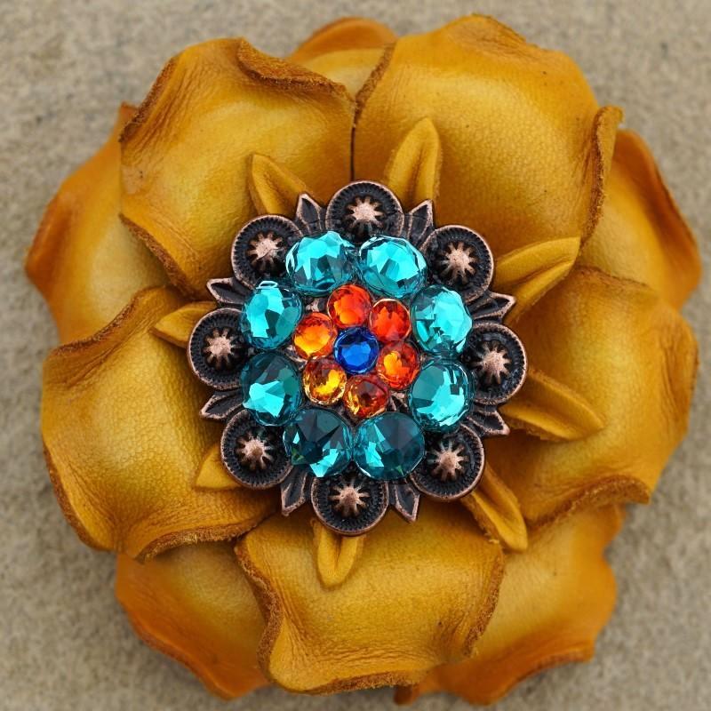 Yellow Gardenia Flower With Copper Capri, Fire Opal & Teal 1.25" Concho