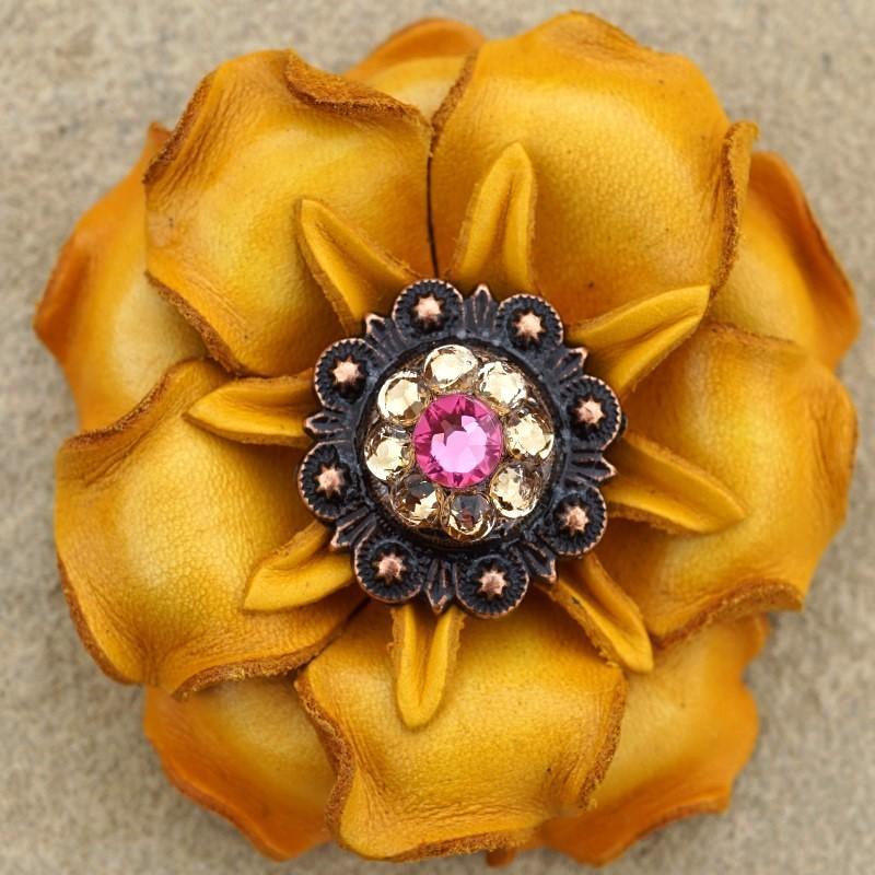 Yellow Gardenia Flower With Copper Pink & Champagne 1" Concho