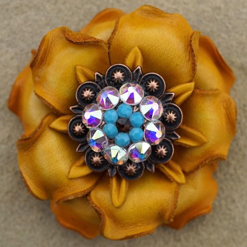 Yellow Gardenia Flower With Copper Topaz, Turquoise & AB 1.25" Concho