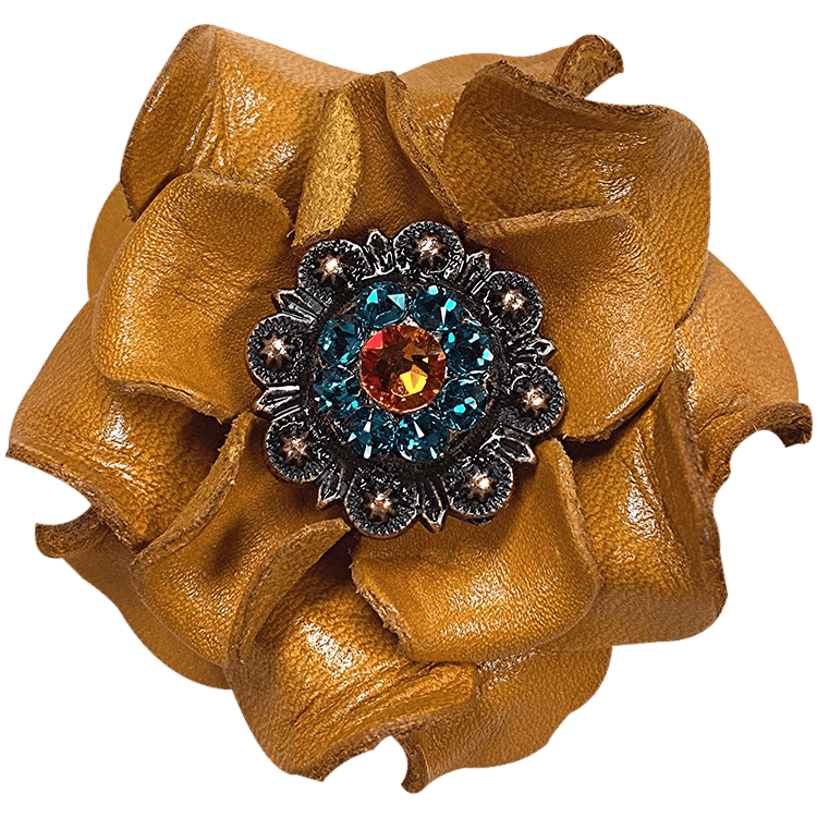 Yellow Rose Flower With Copper Fireopal and Teal 1" Concho