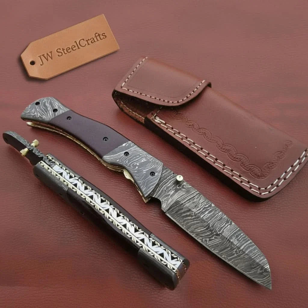 Handmade Damascus Steel Folding Knife – Matte Black Handle with Brass Liner & Thumb Stud | JW SteelCrafts