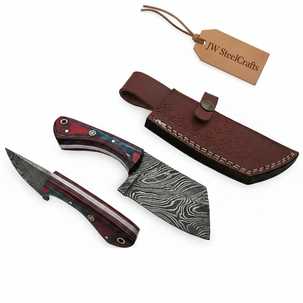 6-Inch Forged Damascus Cleaver Knife — Red and Blue Pakka Wood Handle, Mosaic Pin, Lanyard Hole & Tooled Leather Sheath | JW Steel Crafts