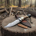 Handmade Damascus Hunting Knife with Stag Antler Handle & Custom Leather Sheath