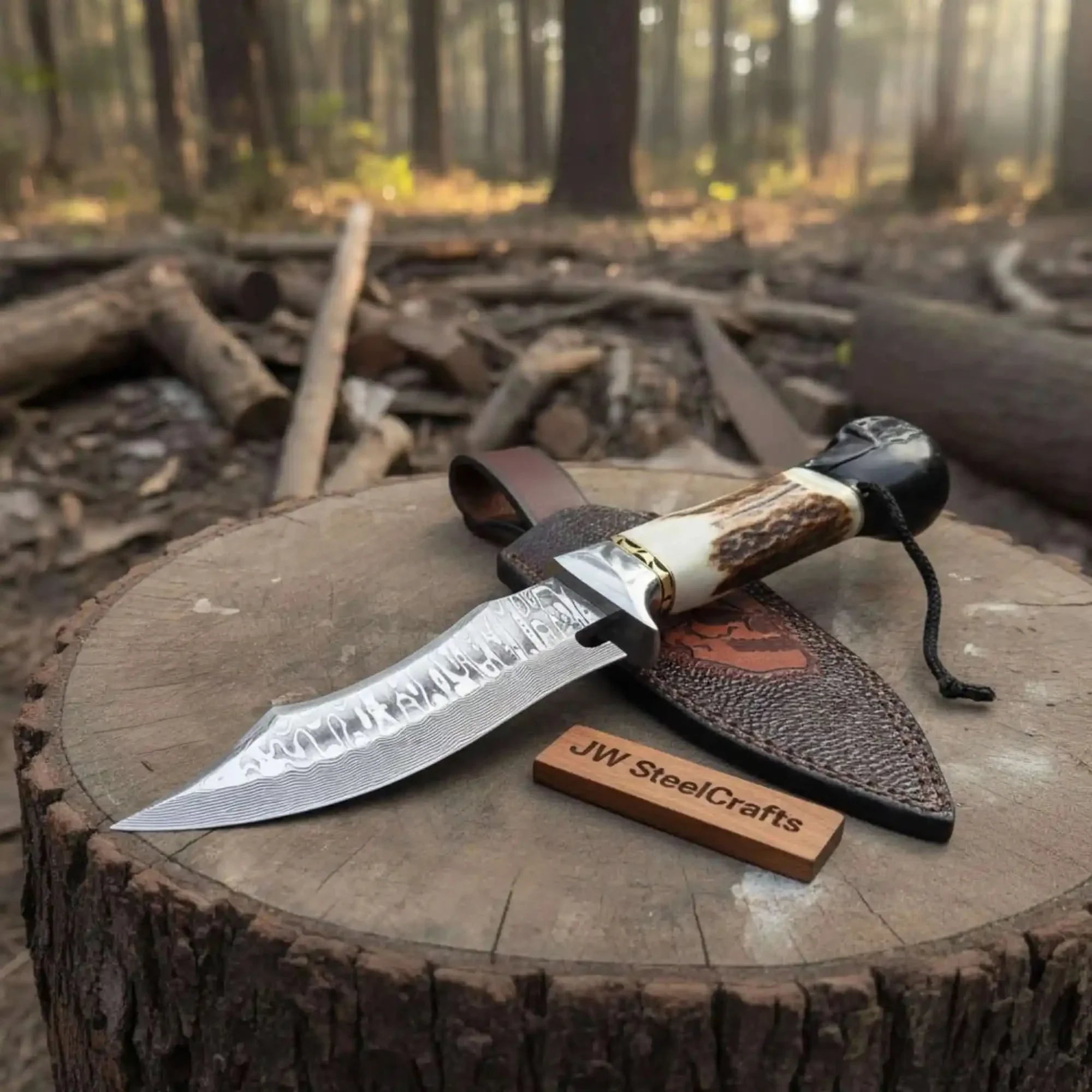 Handmade Damascus Hunting Knife with Stag Antler Handle & Custom Leather Sheath
