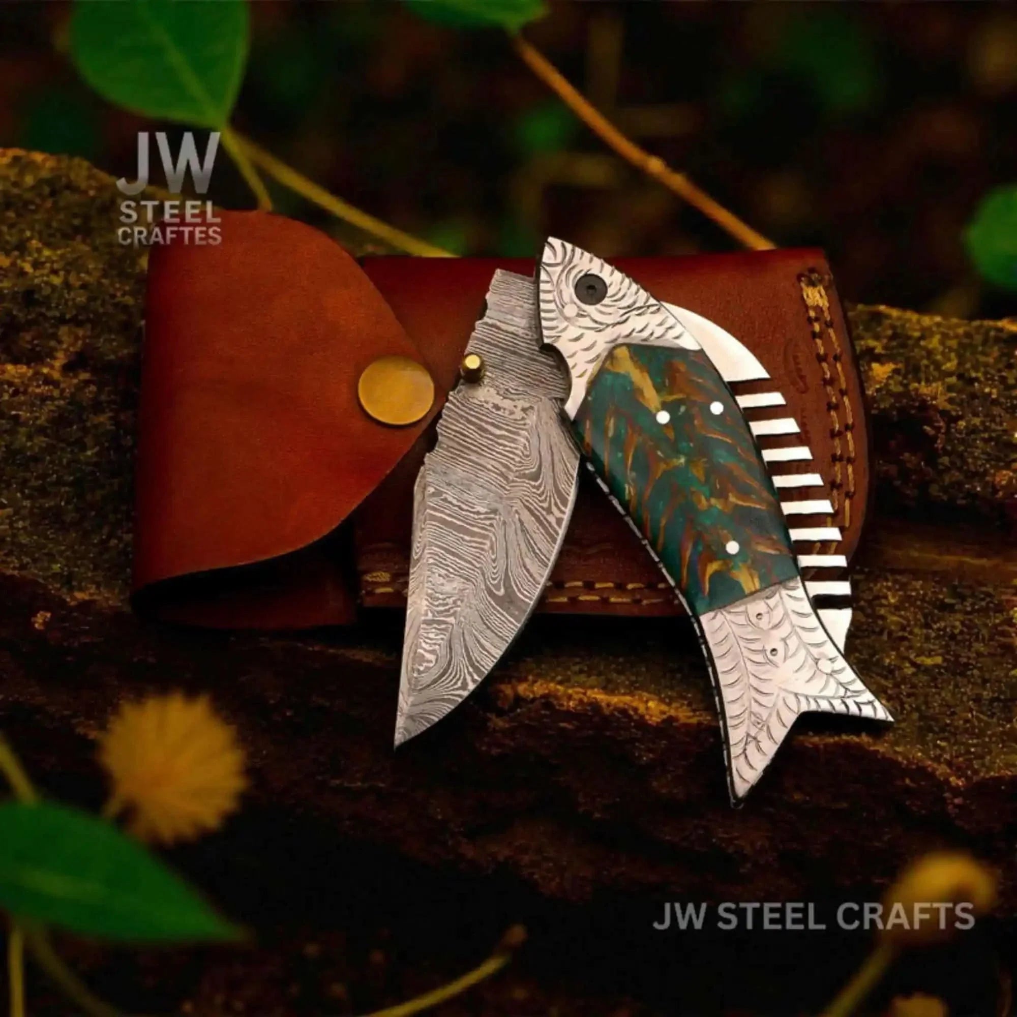 Forest-Inspired Damascus Fish Knife with Green Pinecone Resin Handle