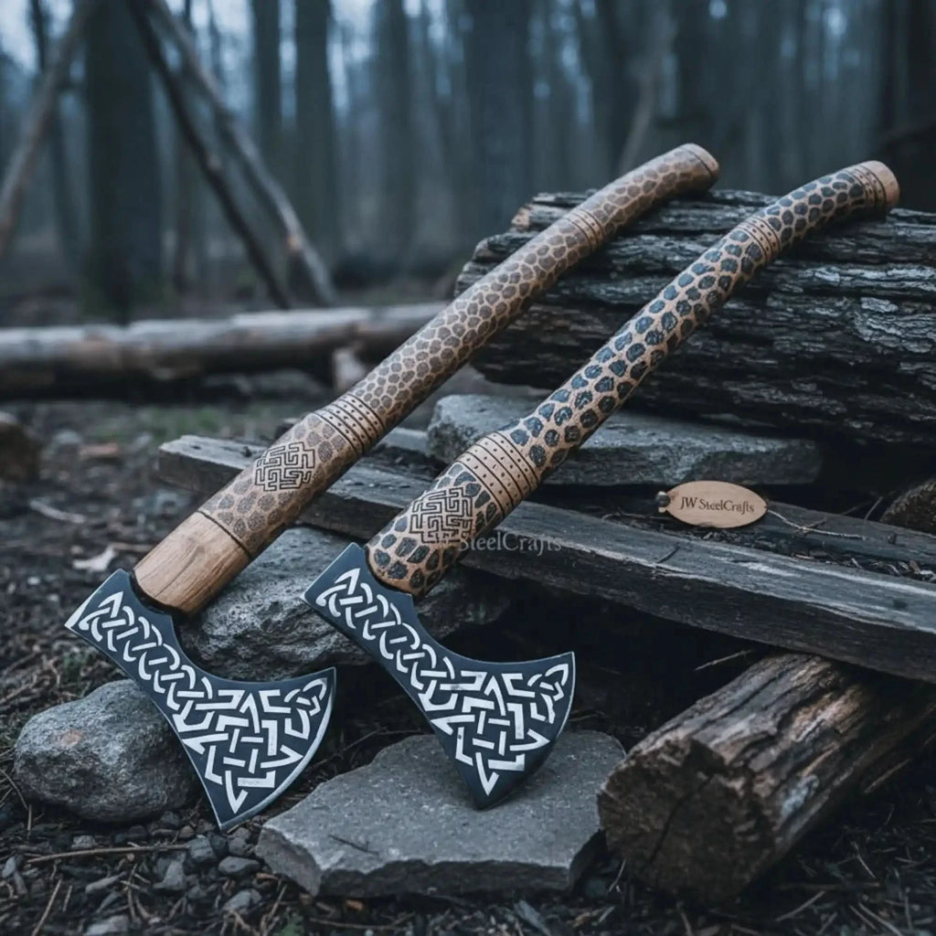 Engraved Viking Throwing Axe Set, Pair of Norse Knotwork Hatchets with Carved Hardwood Handles | JW SteelCrafts
