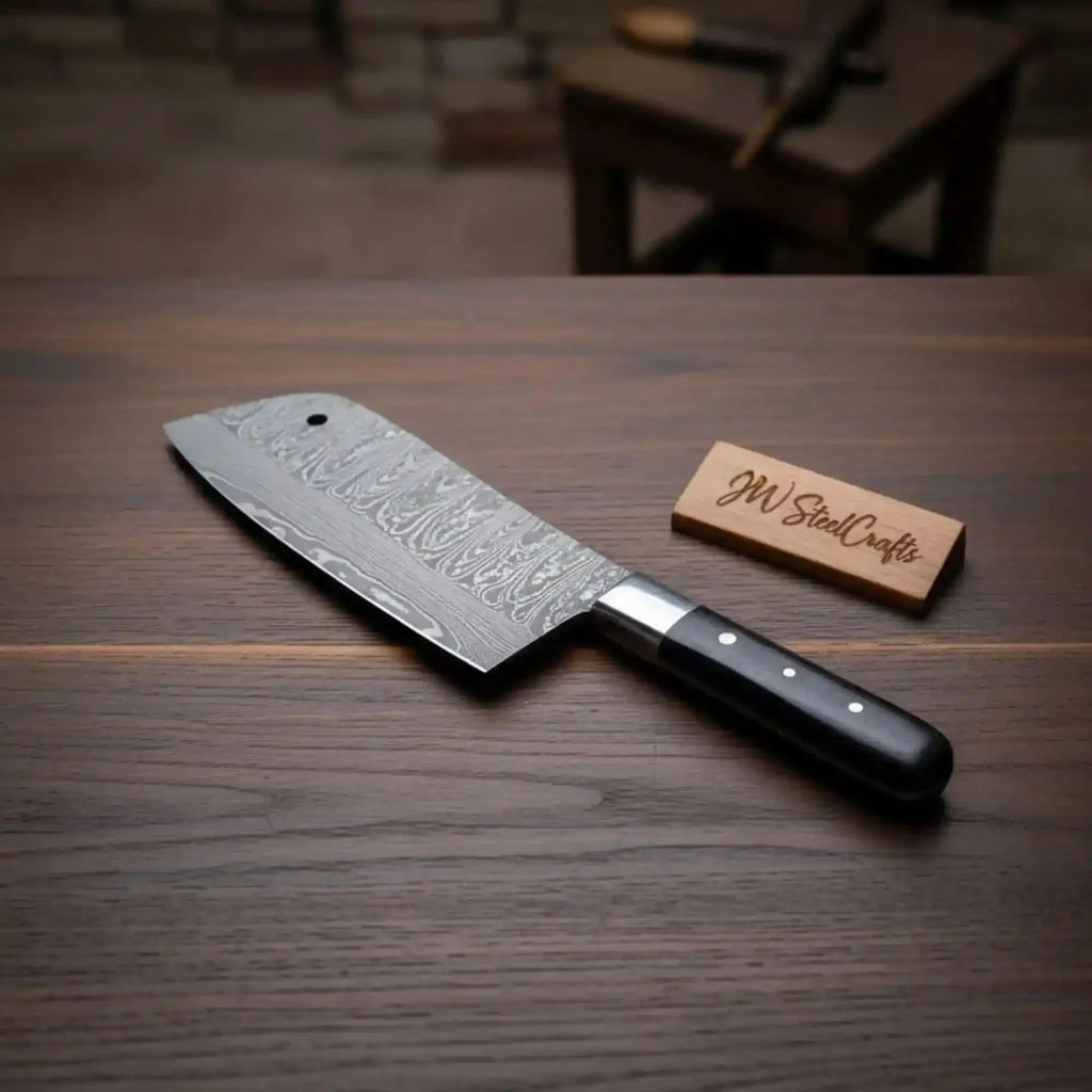 7-Inch Forged Damascus Cleaver Knife — Twisted Pattern Blade, Grey Pakka Wood Handle, Steel Bolster & Hanging Hole | JW Steel Crafts