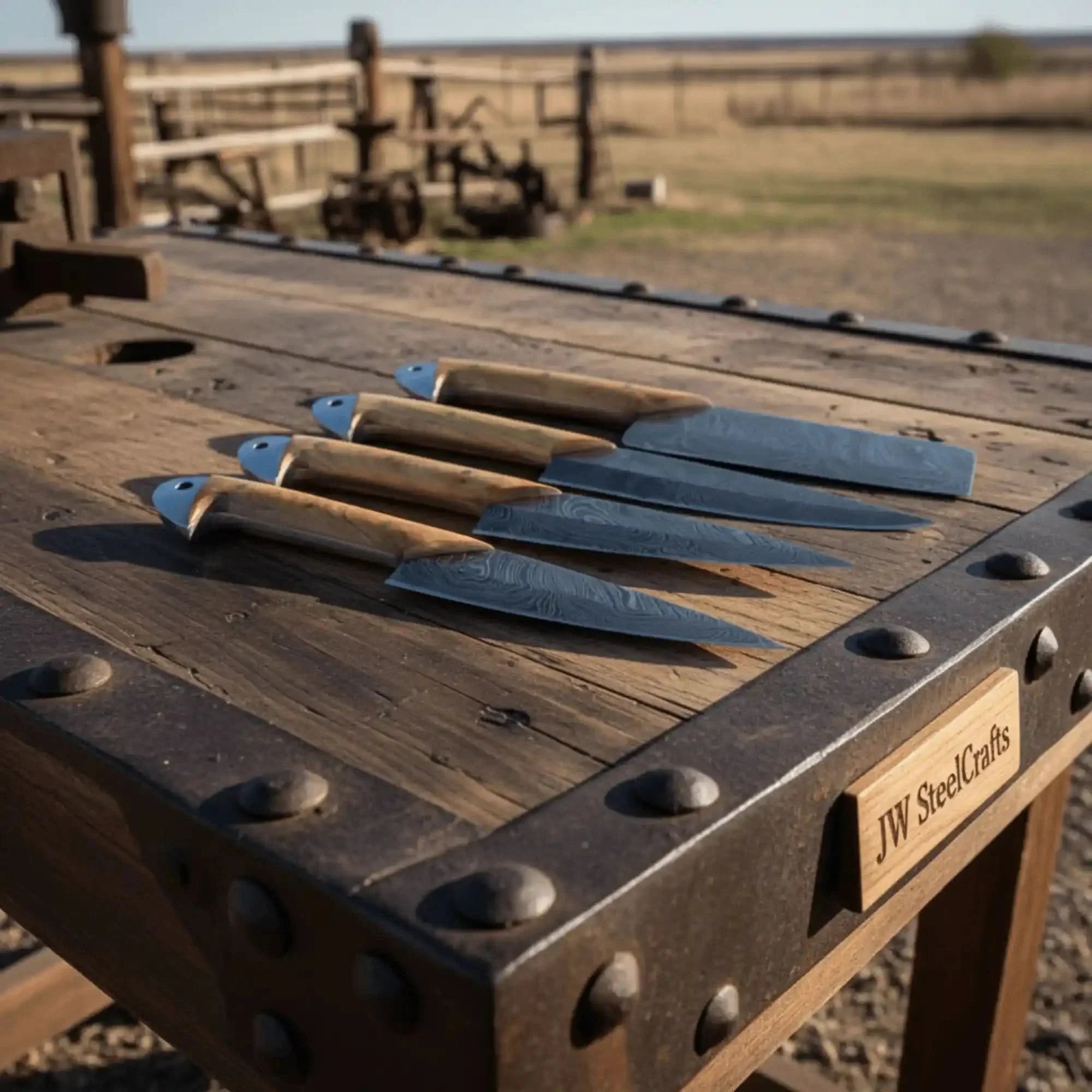 Damascus Kitchen Knife Set of 4 - Hand-Forged Full Tang Blades