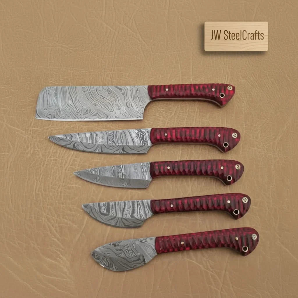 6-Piece Damascus Knife Set with Red Wood Handles and Brass Pins