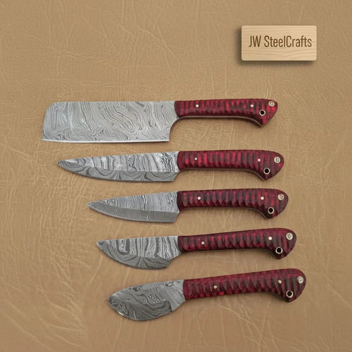 6-Piece Damascus Knife Set with Red Wood Handles and Brass Pins
