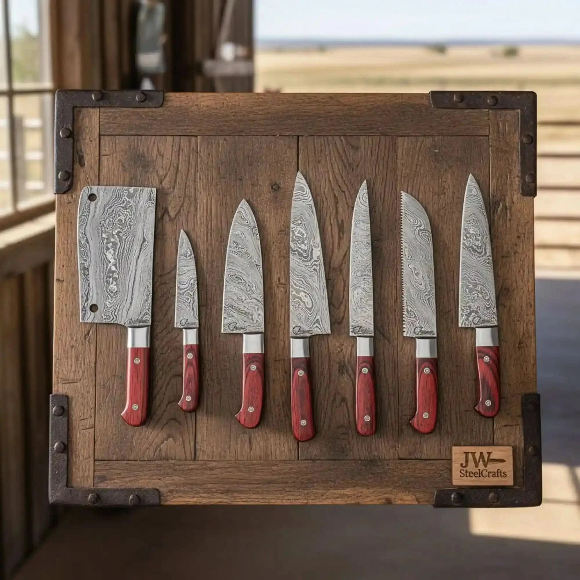 Hammer Forged 7-Piece Chef Damascus Knife Set with Red Pakka Wood Handles