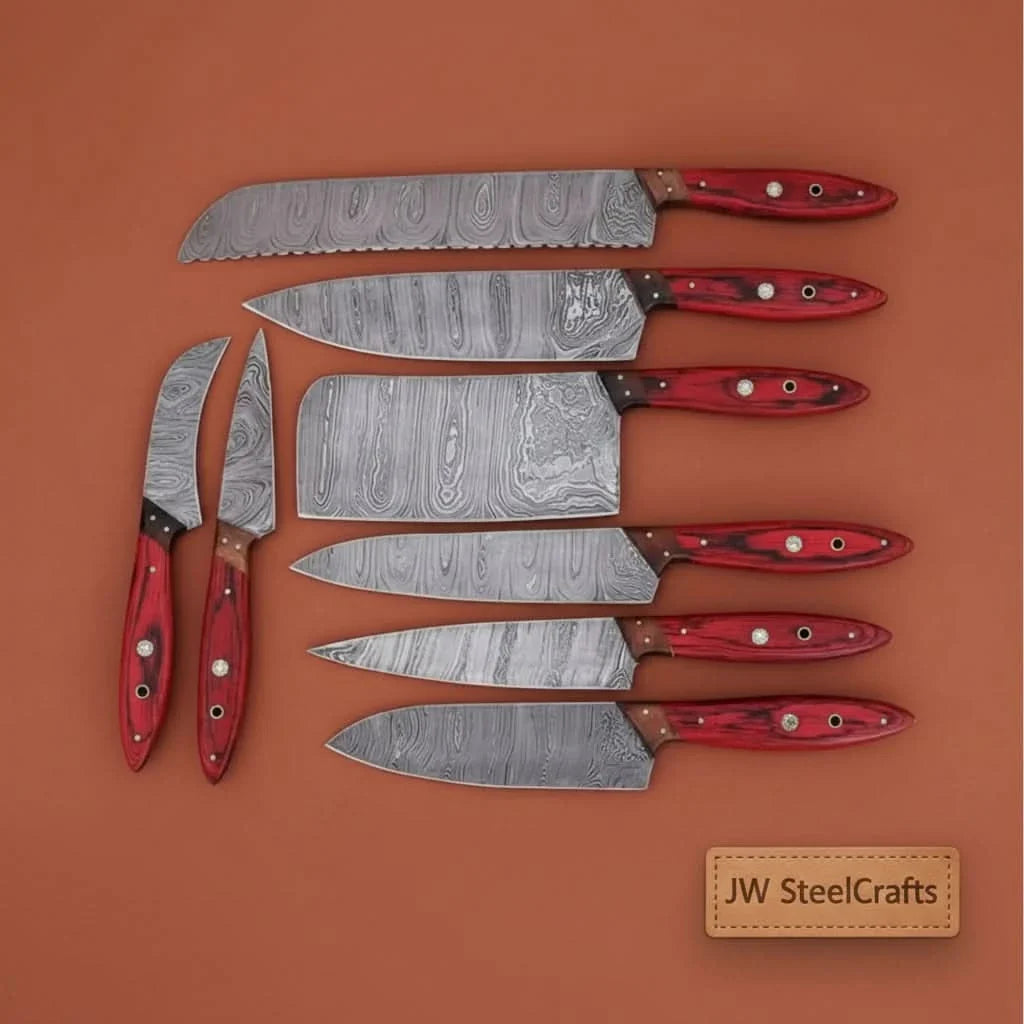 8 Piece Damascus Knife Set with Red Pakka Handles and  Leather Roll