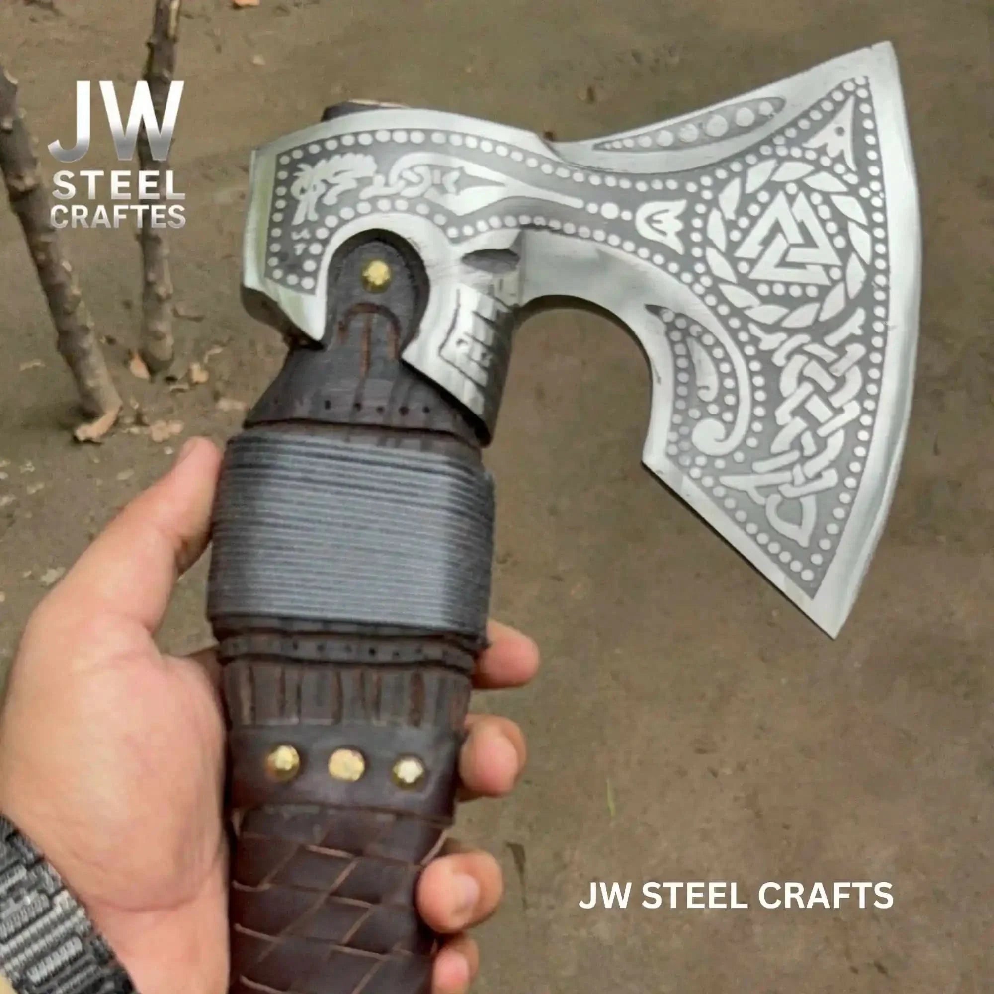 Engraved Norse Valknut Hatchet with Braided Leather Handle