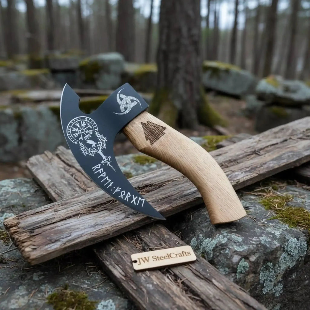 Viking Rune Engraved Bearded Axe Pizza Cutter — Carbon Steel Blade, Ash Wood Handle