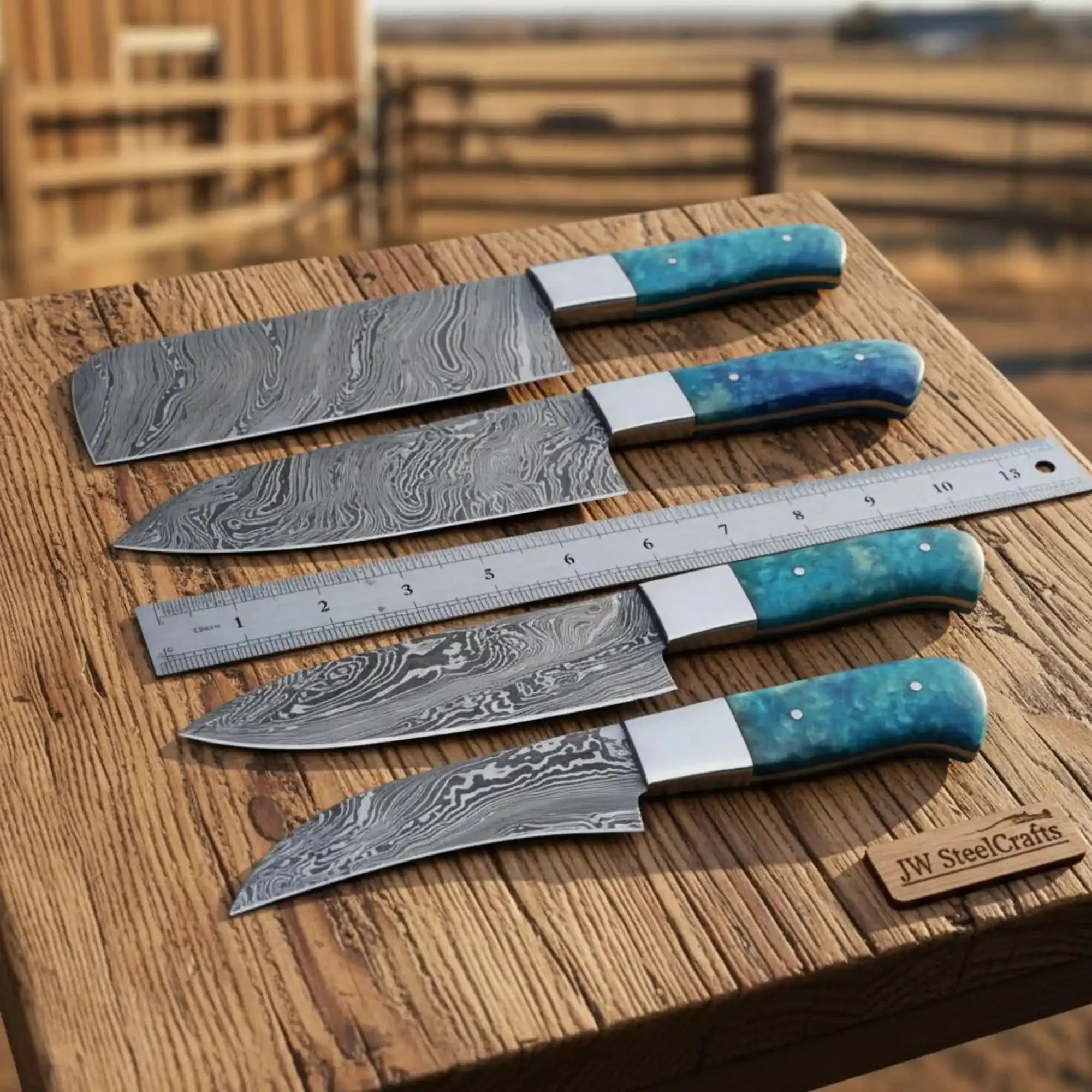 5-Piece Twisted Damascus Kitchen Knife Set with Blue Resin Handle and Square Steel Bolster – JW SteelCrafts