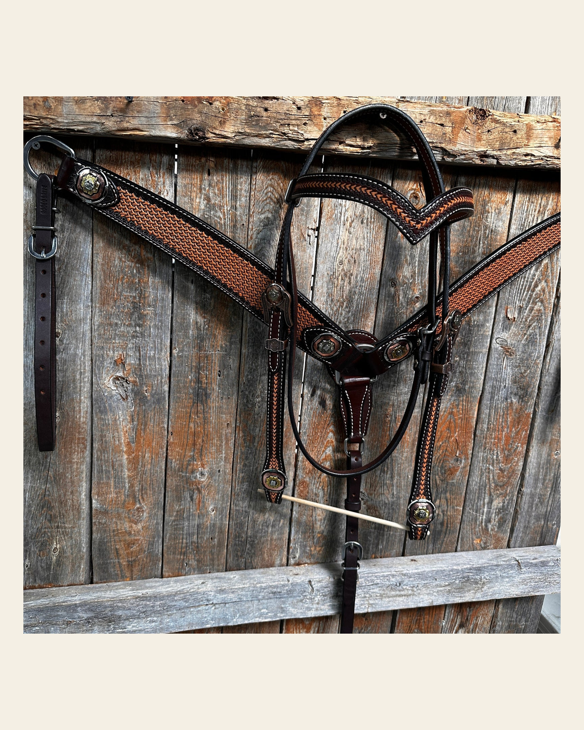 Foxtail and Copper Browband/One Ear Headstall & Breastcollar Tack Set #BBBC589 on a warm cream background