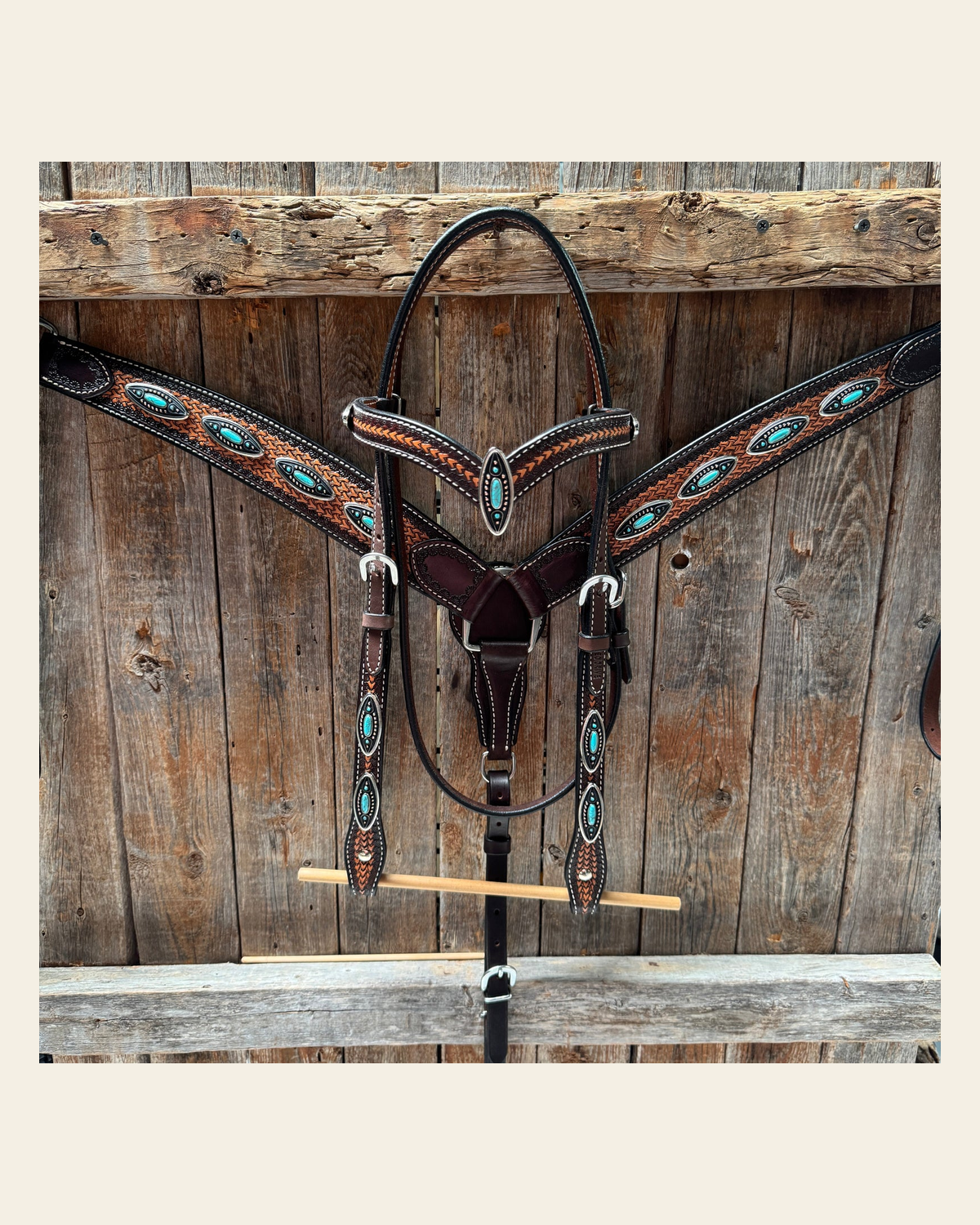 Foxtail Antique Silver and Copper Browband | One Ear Tack Set #BBBC525 on a warm cream background