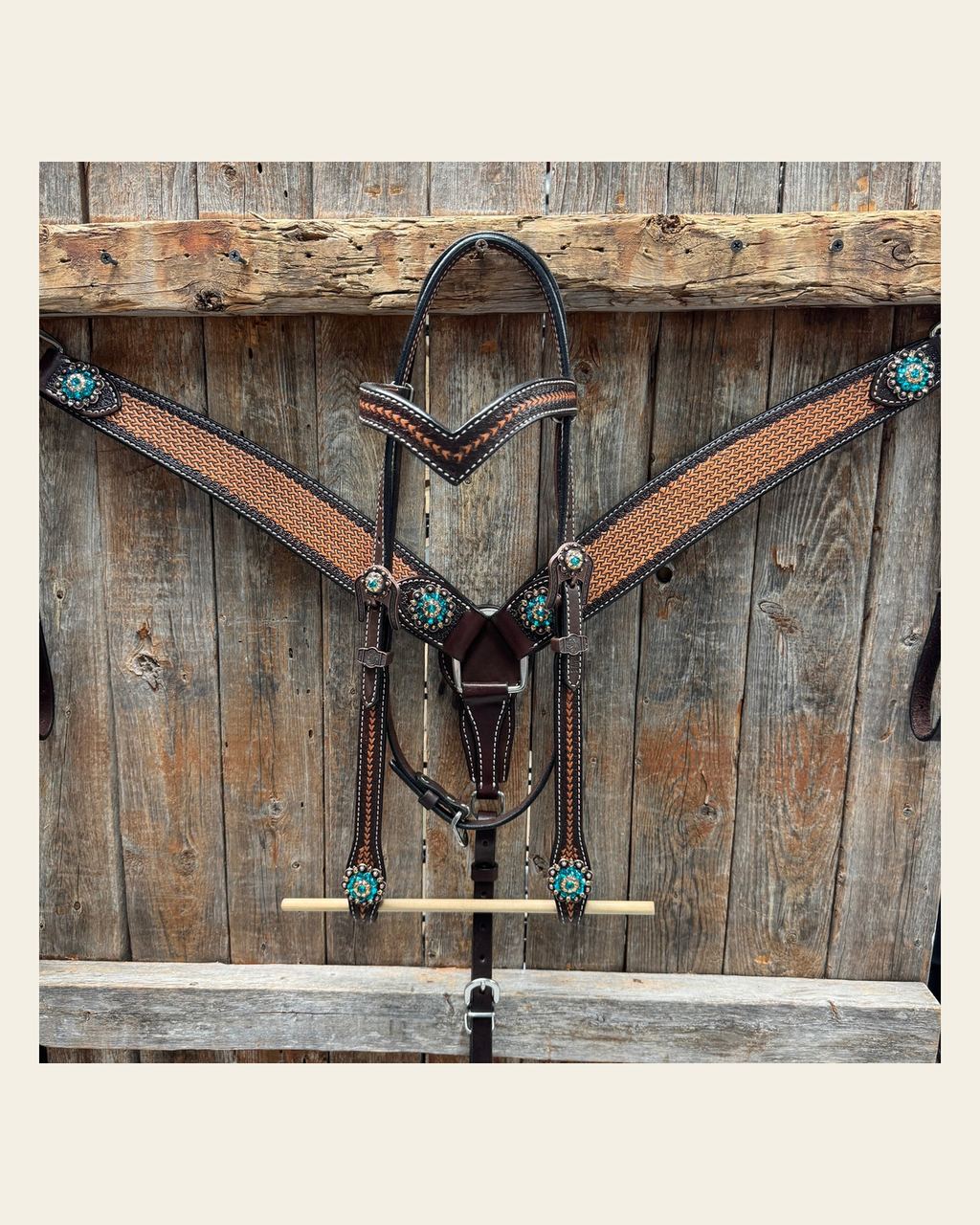Foxtail Teal/Champagne Browband, One Ear & Breastcollar Tack Set #BBBC493 on a warm cream background