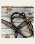 Foxtail Tooled Two Tone Browband / One Ear Breastcollar Tack Sets on a warm cream background