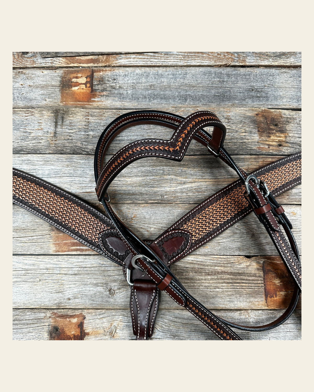 Foxtail Tooled Two Tone Browband / One Ear Breastcollar Tack Sets on a warm cream background