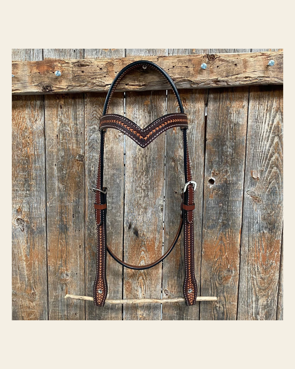 Foxtail Tooling Two Tone V-Browband Headstall / Bridle #24335 on a warm cream background