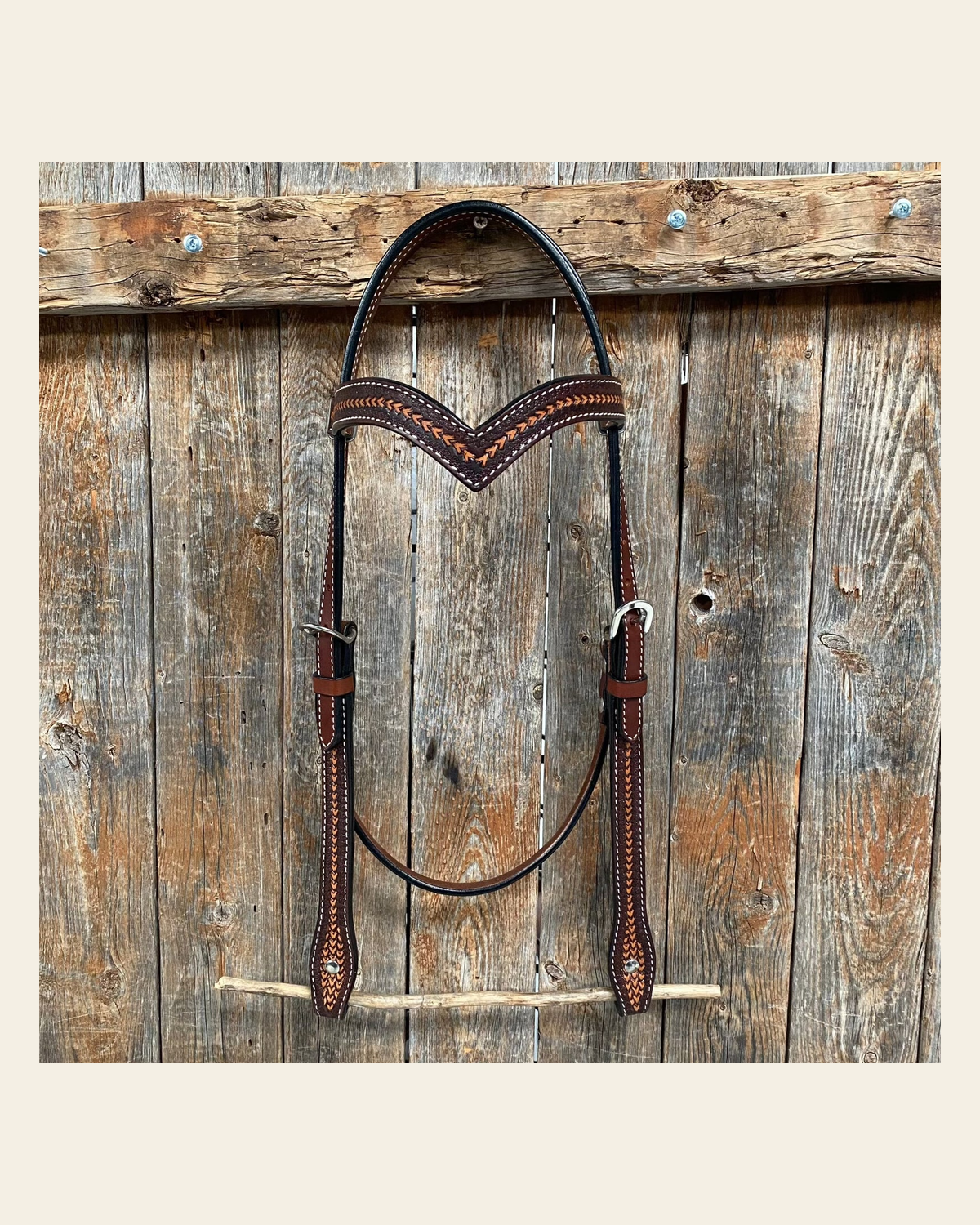 Foxtail Tooling Two Tone V-Browband Headstall / Bridle #24335 on a warm cream background