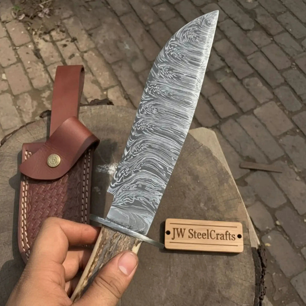 Timberhorn Bowie Blade  Handmade 8" Clip Point Hunting Blade with Stag Handle & Leather Sheath