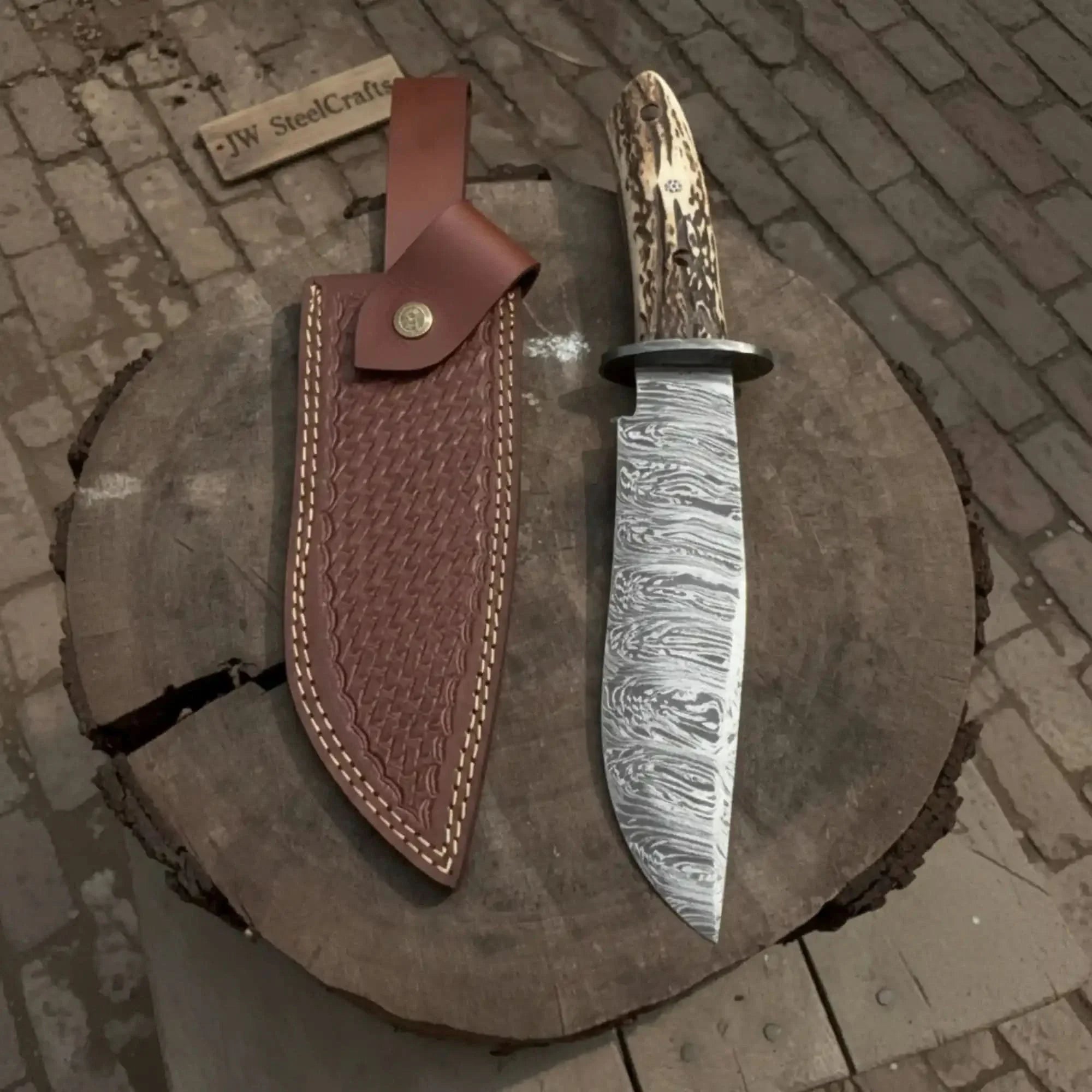 Timberhorn Bowie Blade  Handmade 8" Clip Point Hunting Blade with Stag Handle & Leather Sheath