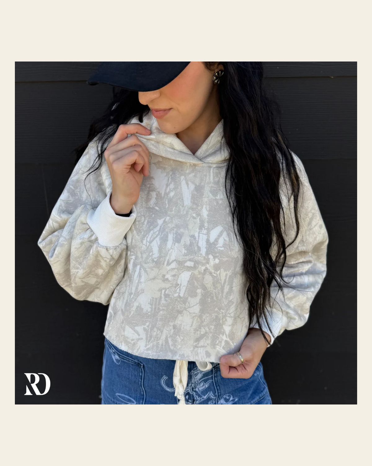 Frostline Camo Cropped | Hoodie on a warm cream background