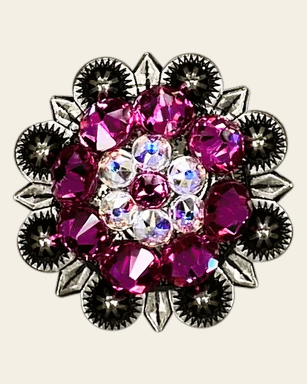 Fuchsia & AB Antique Silver 1.25" European Crystal Concho on a warm cream background