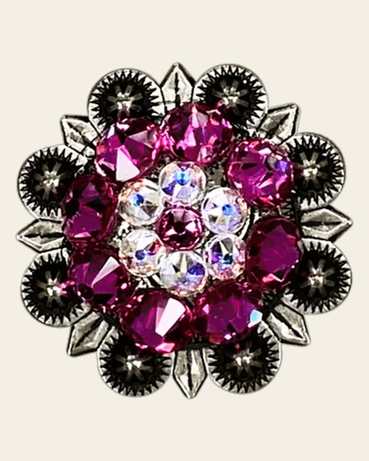 Fuchsia & AB Antique Silver 1.25" European Crystal Concho on a warm cream background