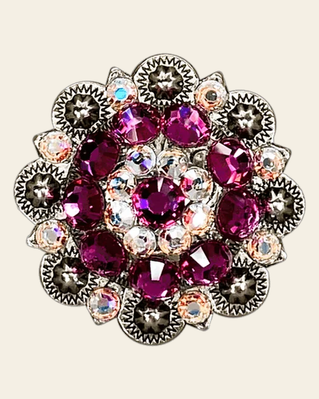 Fuchsia & AB Antique Silver 1.5" European Crystal Concho on a warm cream background