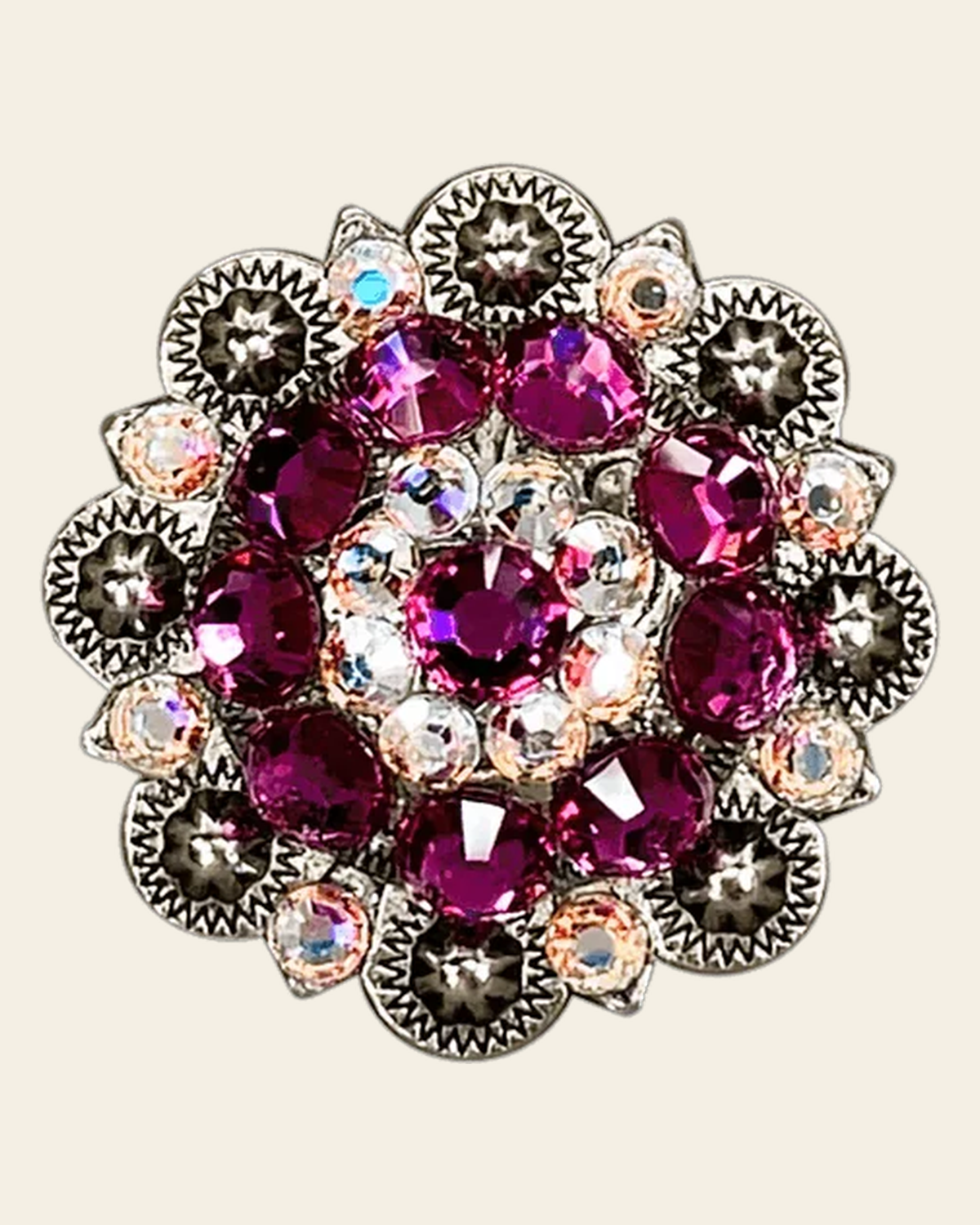 Fuchsia & AB Antique Silver 1.5" European Crystal Concho on a warm cream background