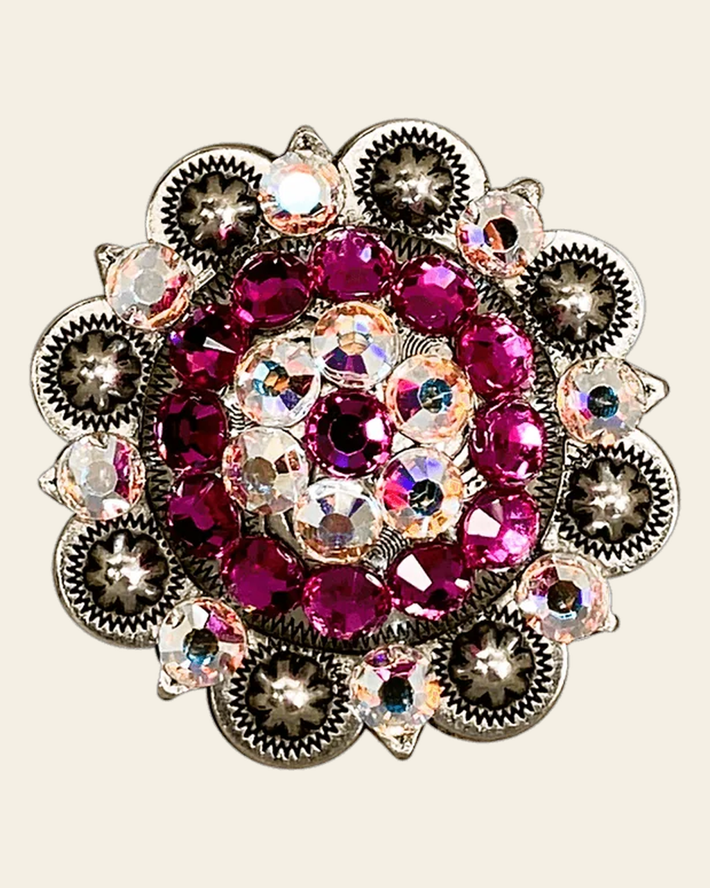 Fuchsia & AB Antique Silver 2" European Crystal Concho on a warm cream background