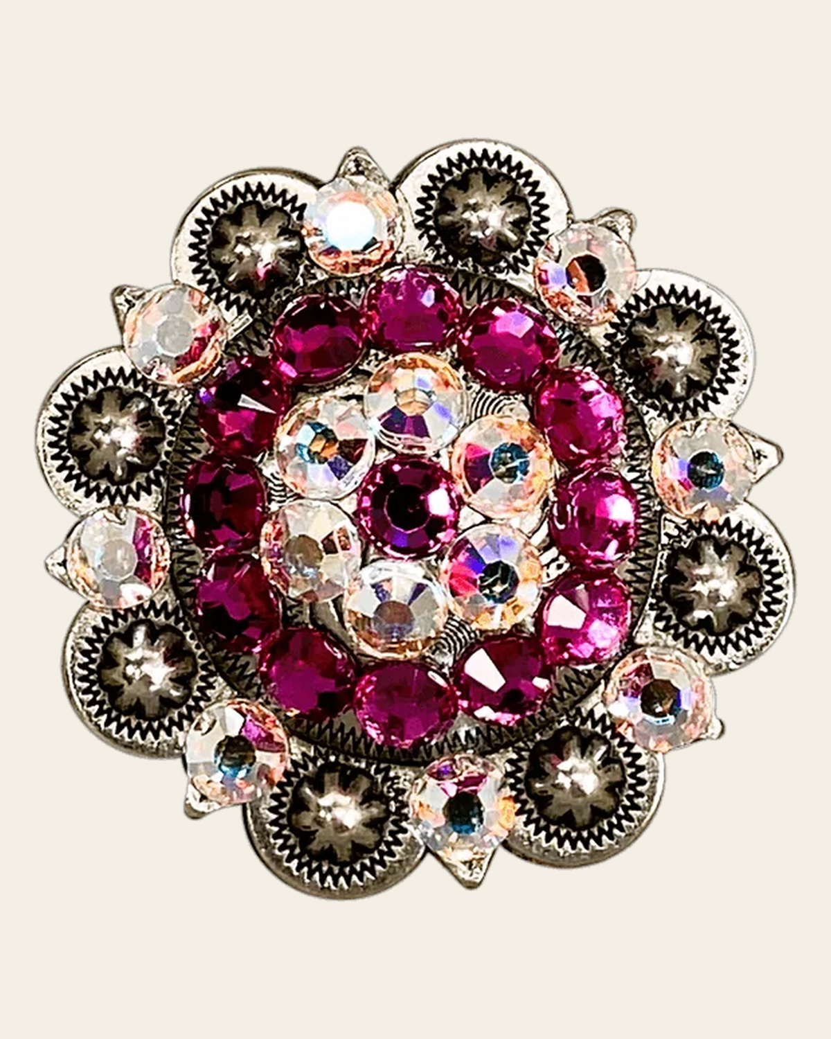 Fuchsia & AB Antique Silver 2" European Crystal Concho on a warm cream background