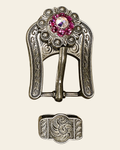 Fuchsia & AB Antique Silver European Crystal Buckle Keeper Set on a warm cream background