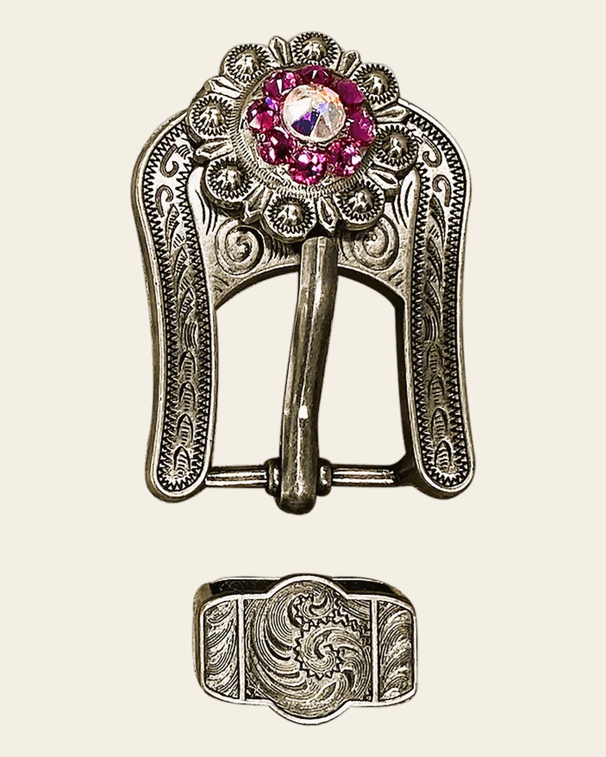 Fuchsia & AB Antique Silver European Crystal Buckle Keeper Set on a warm cream background