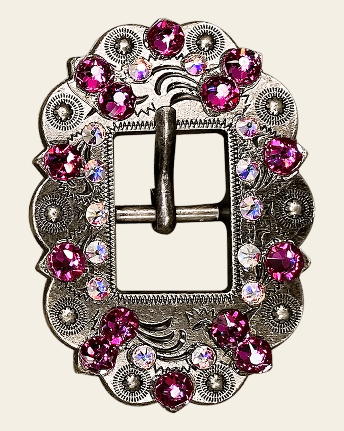 Fuchsia & AB Antique Silver European Crystal Cart Buckle on a warm cream background