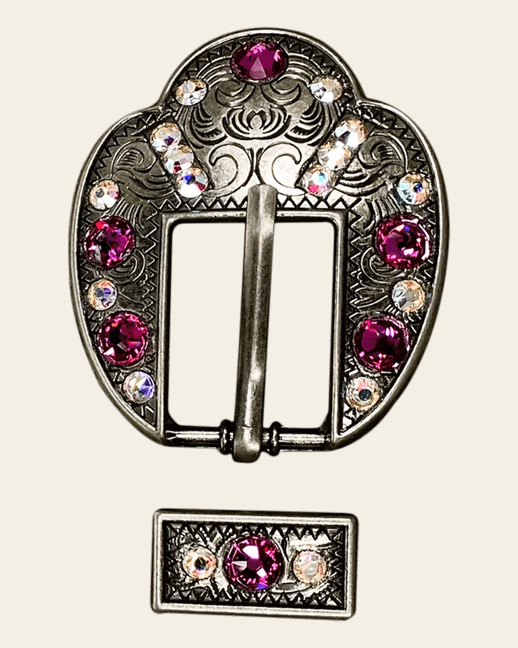 Fuchsia & AB Antique Silver European Crystal Fancy Buckle on a warm cream background
