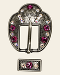 Fuchsia & AB Antique Silver European Crystal Fancy Buckle on a warm cream background