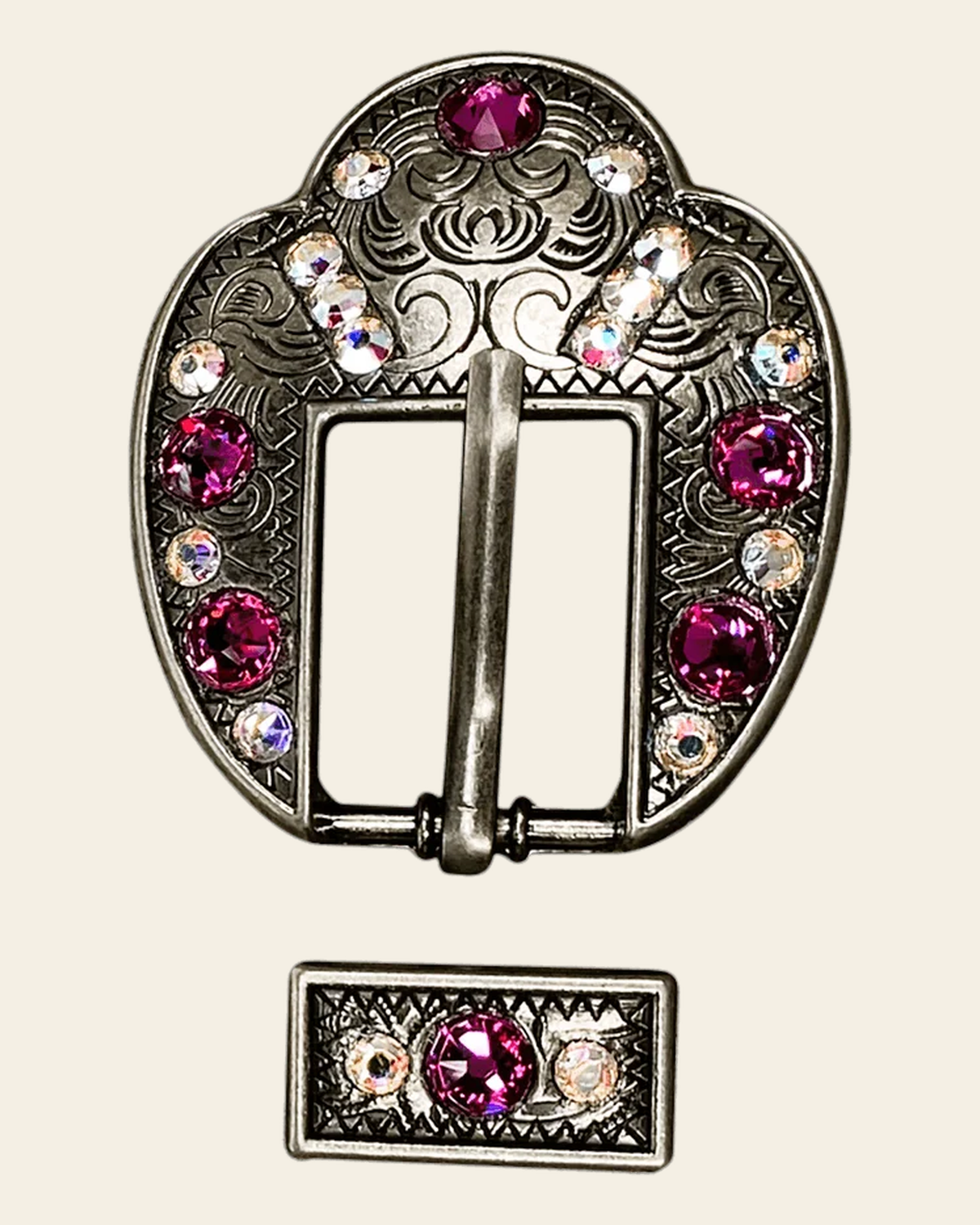 Fuchsia & AB Antique Silver European Crystal Fancy Buckle on a warm cream background