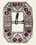 Fuchsia & AB Antique Silver European Crystal Square Cart Buckle on a warm cream background