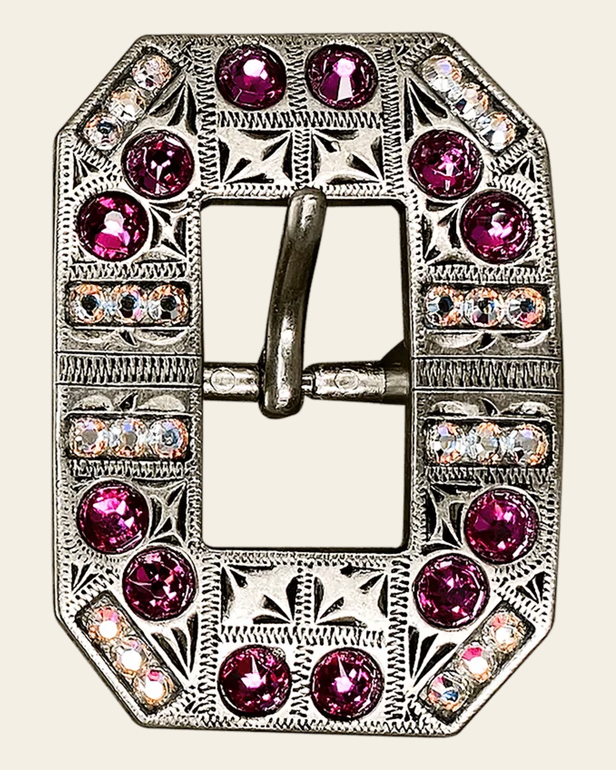Fuchsia & AB Antique Silver European Crystal Square Cart Buckle on a warm cream background