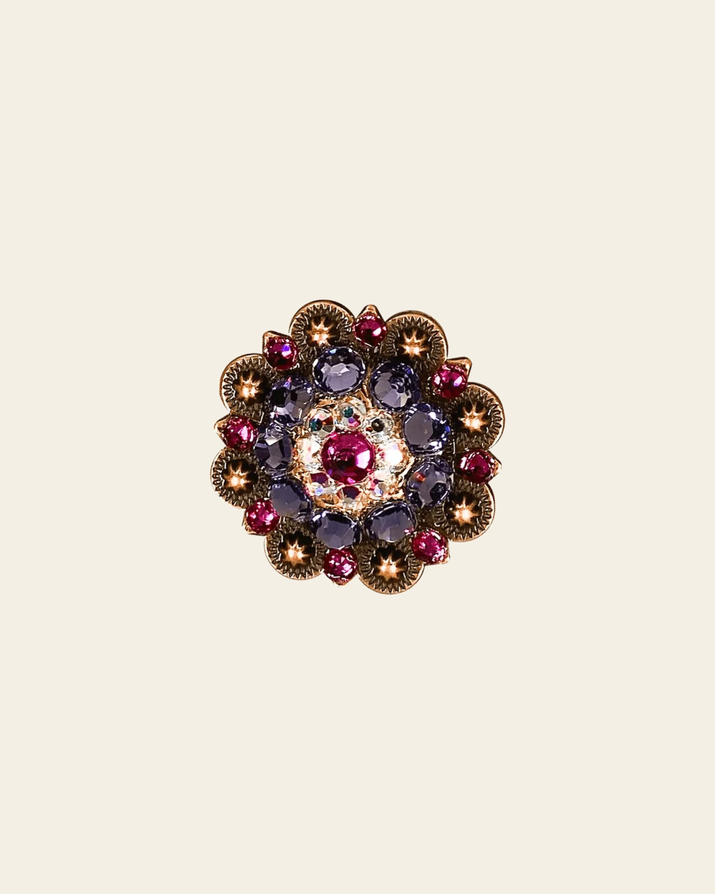 Fuchsia, AB & Lilac Copper 1.5" European Crystal Concho on a warm cream background