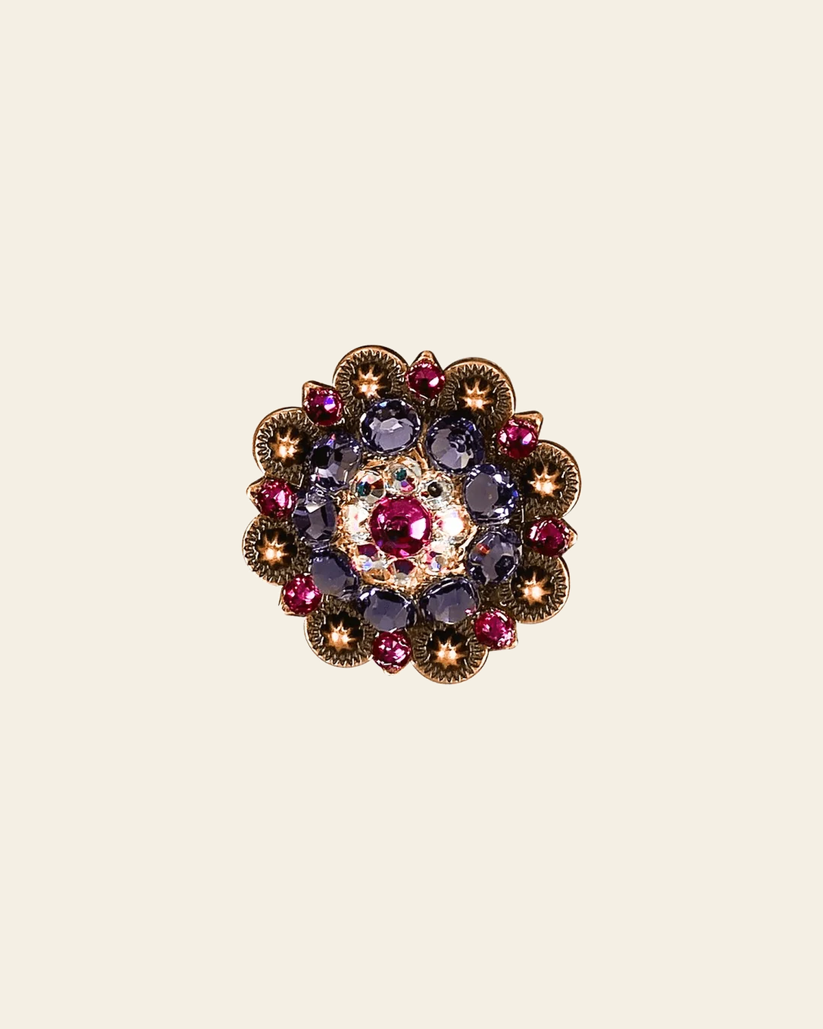 Fuchsia, AB & Lilac Copper 1.5" European Crystal Concho on a warm cream background