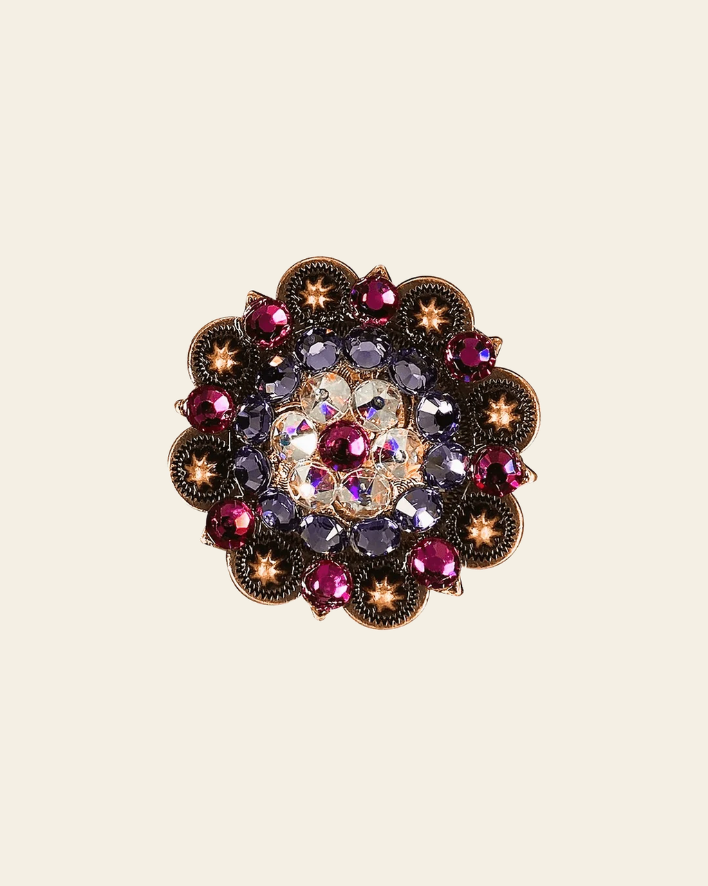 Fuchsia, AB & Lilac Copper 2" European Crystal Concho on a warm cream background